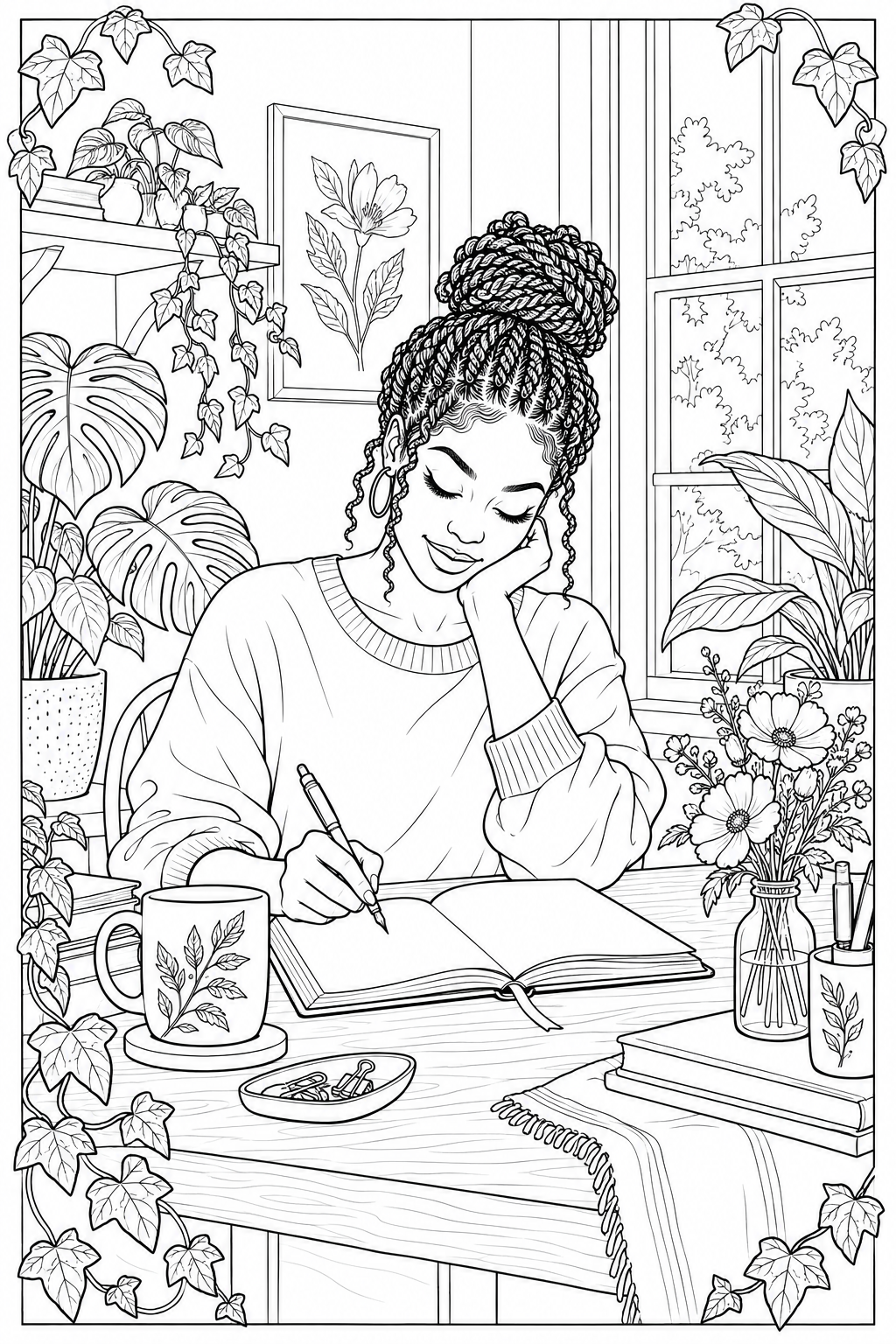 FLOURISH coloring page of a Black woman journaling among houseplants
