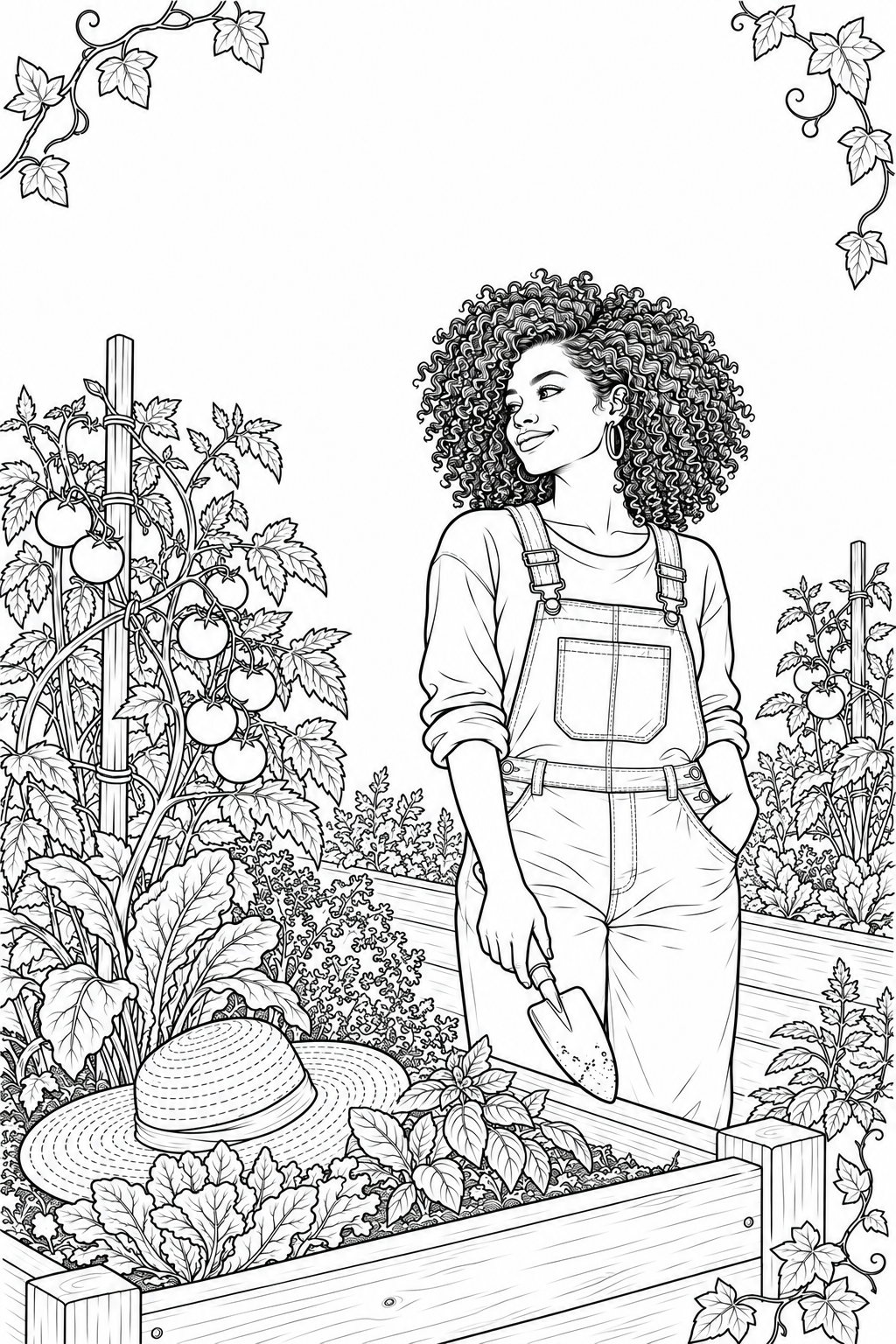 FLOURISH coloring page of a Black woman tending a vegetable garden