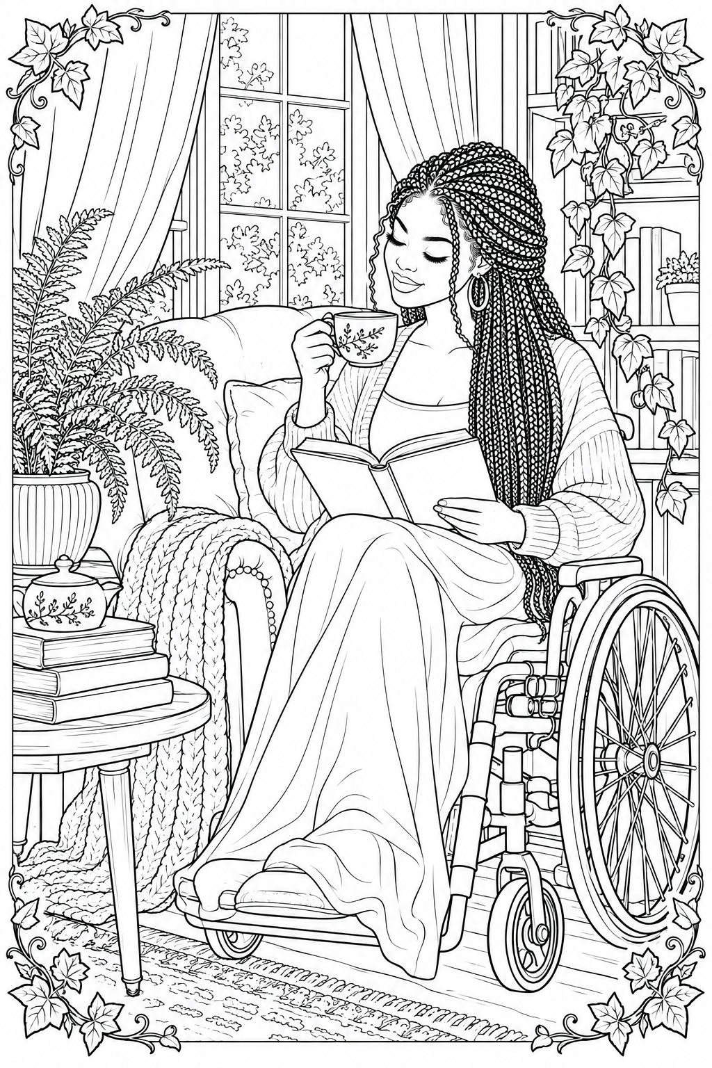 FLOURISH coloring page of a Black woman reading in her wheelchair